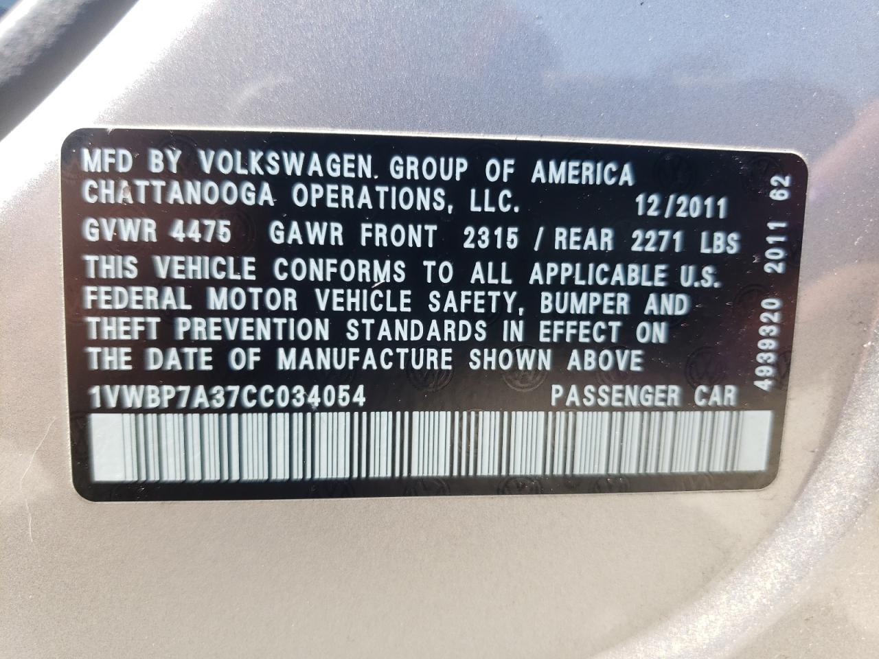 2012 Volkswagen Passat Se VIN: 1VWBP7A37CC034054 Lot: 60151895