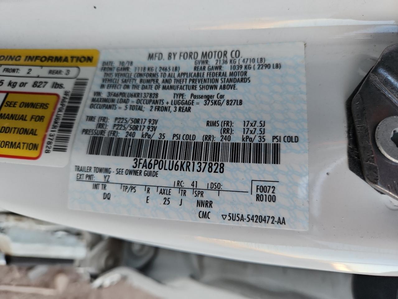 3FA6P0LU6KR137828 2019 Ford Fusion Se