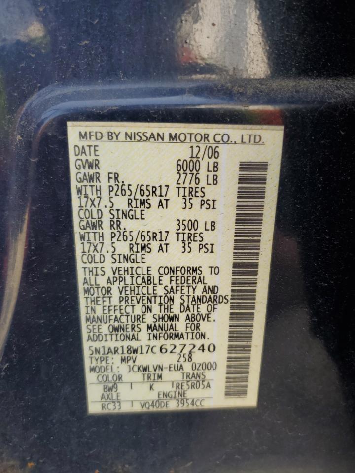 2007 Nissan Pathfinder Le VIN: 5N1AR18W17C627240 Lot: 58916045