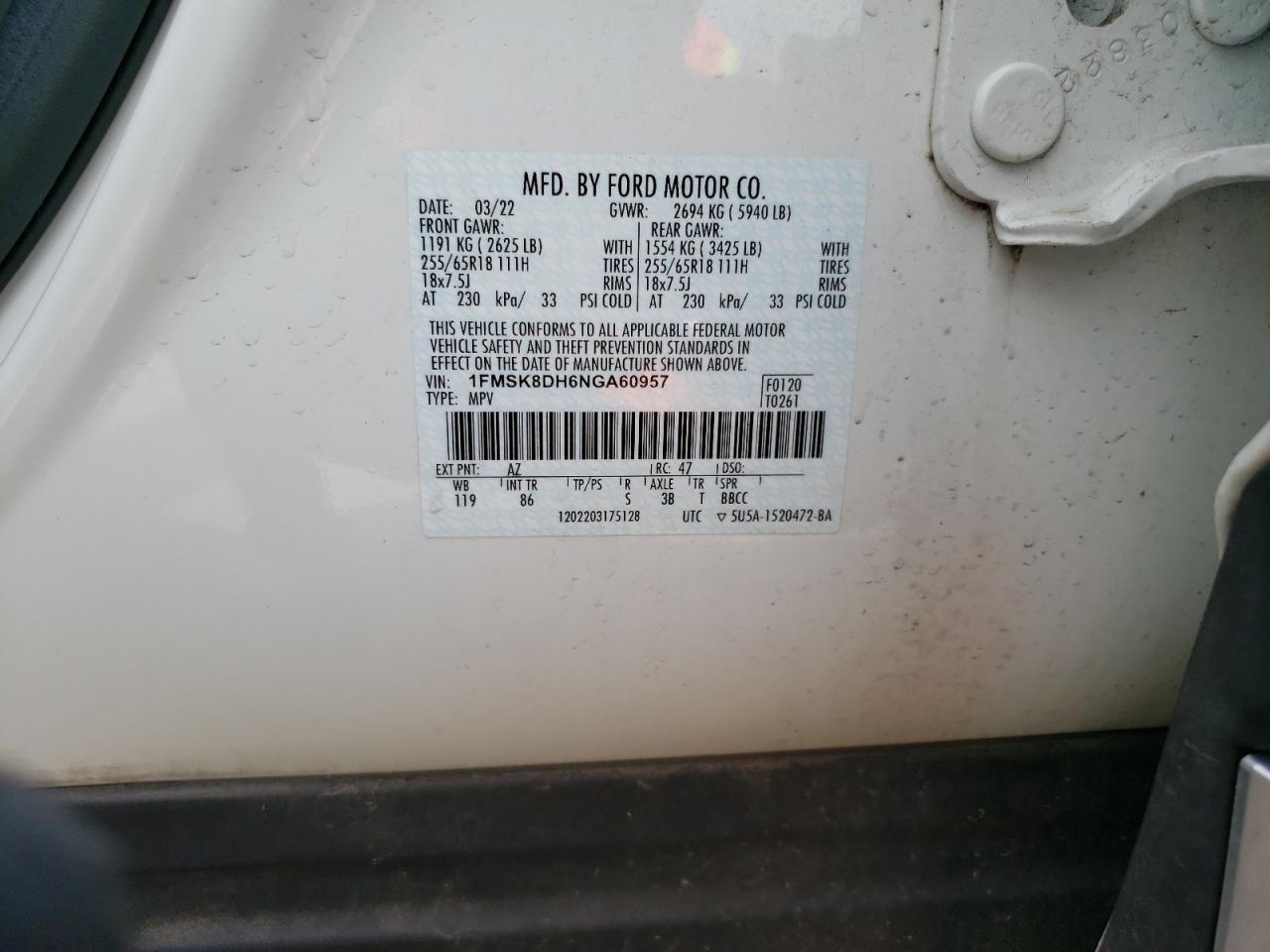 2022 Ford Explorer Xlt VIN: 1FMSK8DH6NGA60957 Lot: 61037155