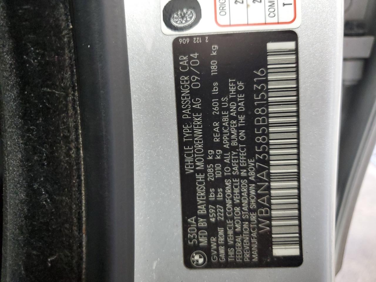 2005 BMW 530 I VIN: WBANA73585B815316 Lot: 62499605