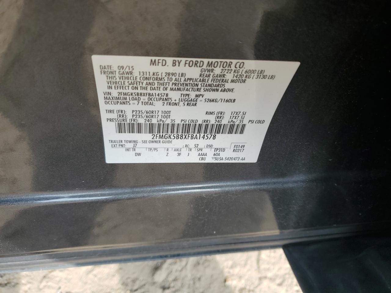 2015 Ford Flex Se VIN: 2FMGK5B8XFBA14578 Lot: 62543195