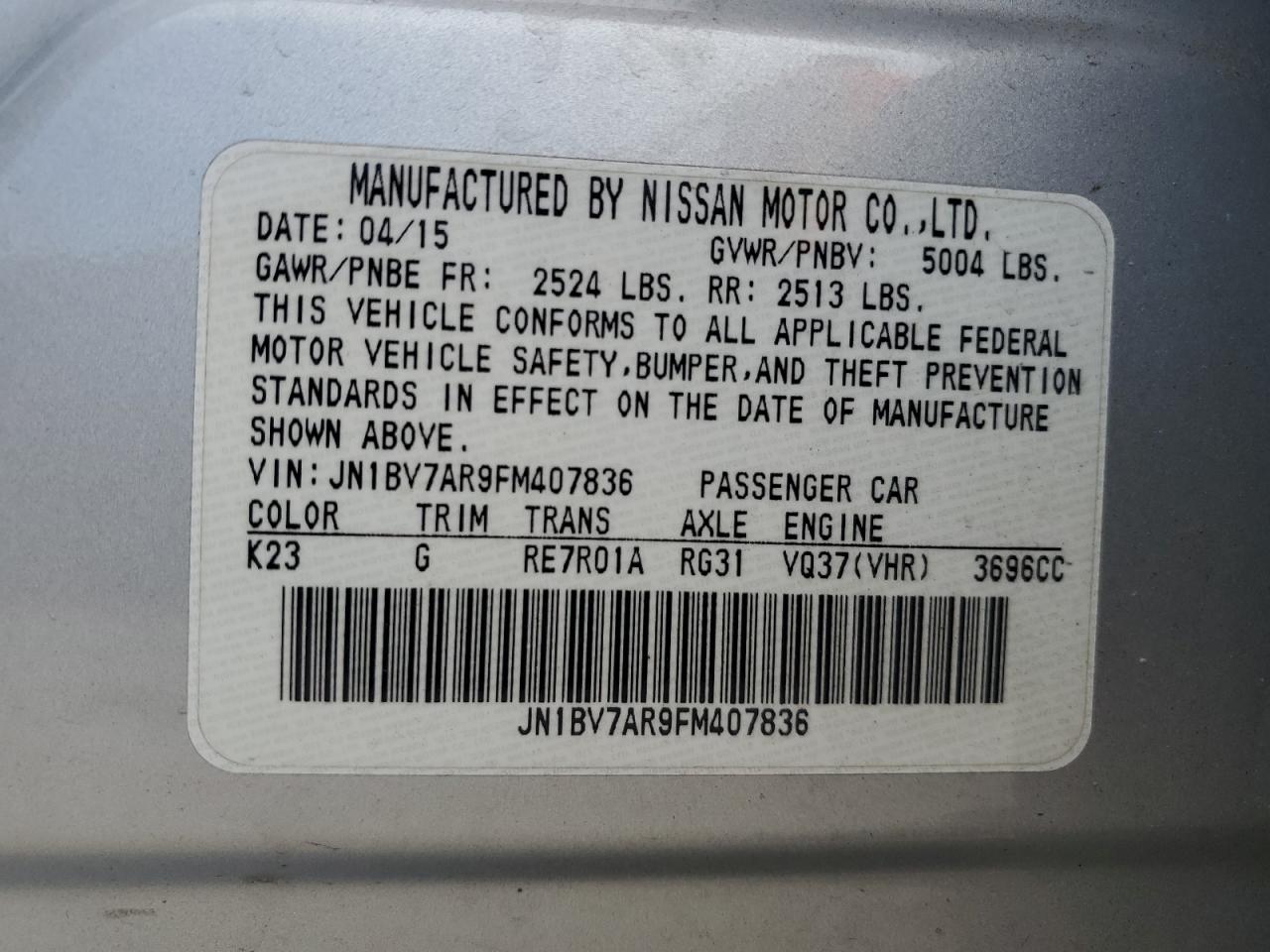 2015 Infiniti Q50 Base VIN: JN1BV7AR9FM407836 Lot: 62190455