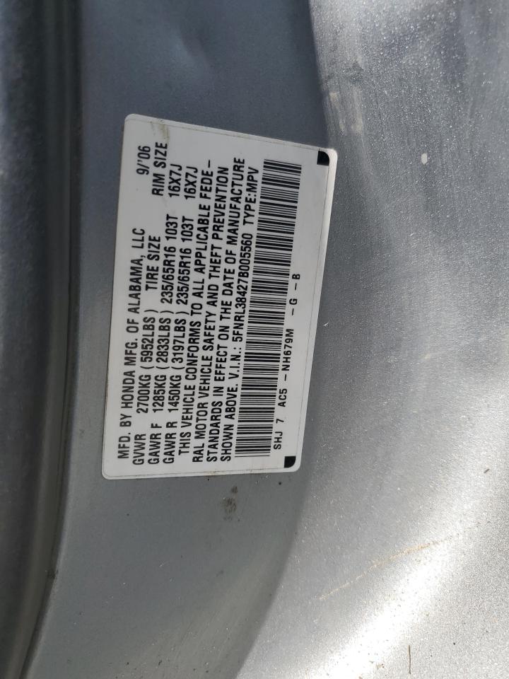 2007 Honda Odyssey Ex VIN: 5FNRL38427B005560 Lot: 62560995