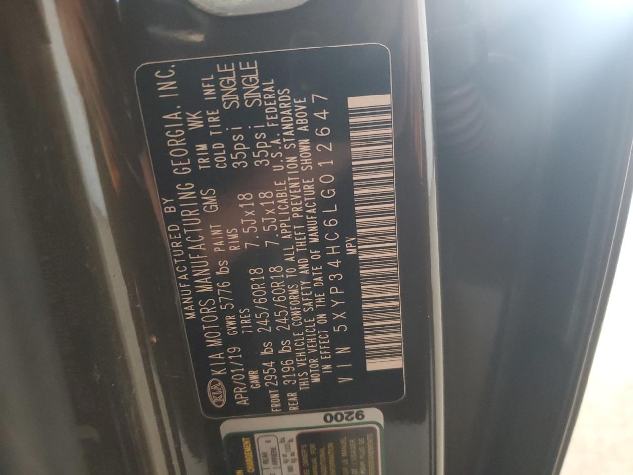 2020 Kia Telluride Ex VIN: 5XYP34HC6LG012647 Lot: 61834035