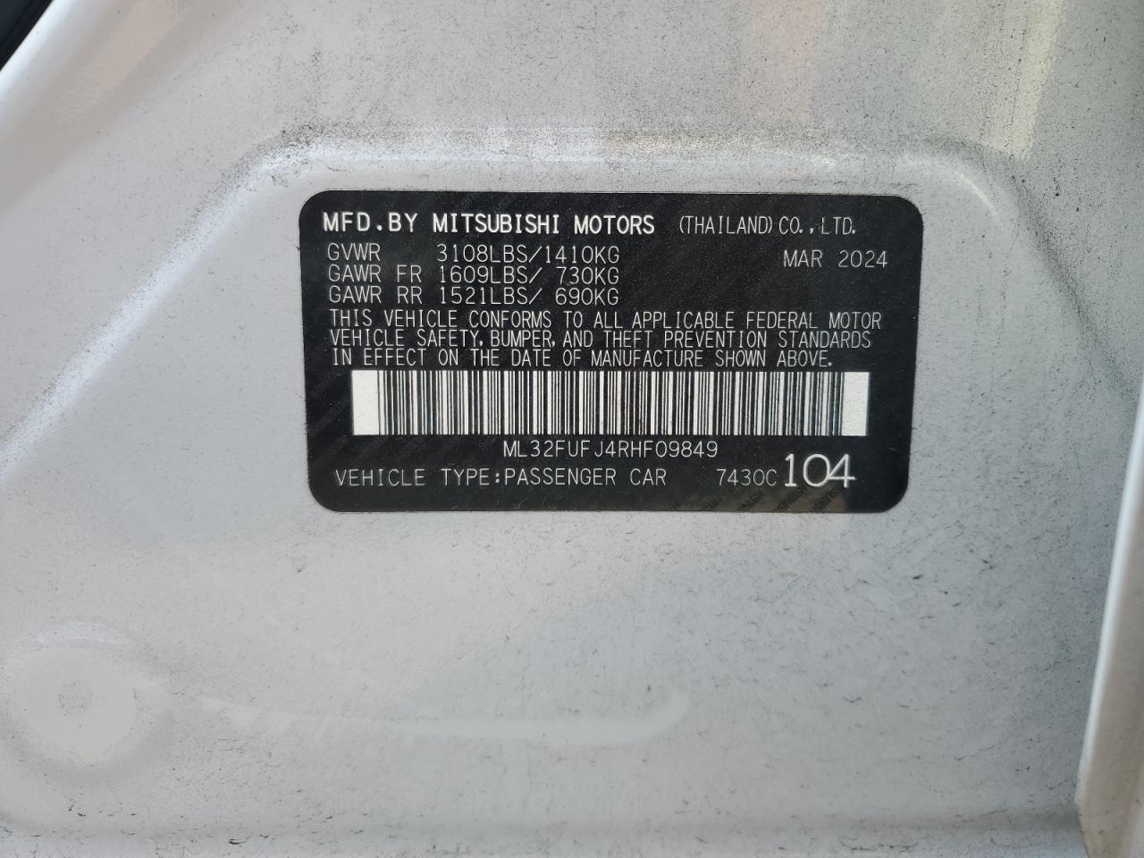 2024 Mitsubishi Mirage G4 Es VIN: ML32FUFJ4RHF09849 Lot: 62386645