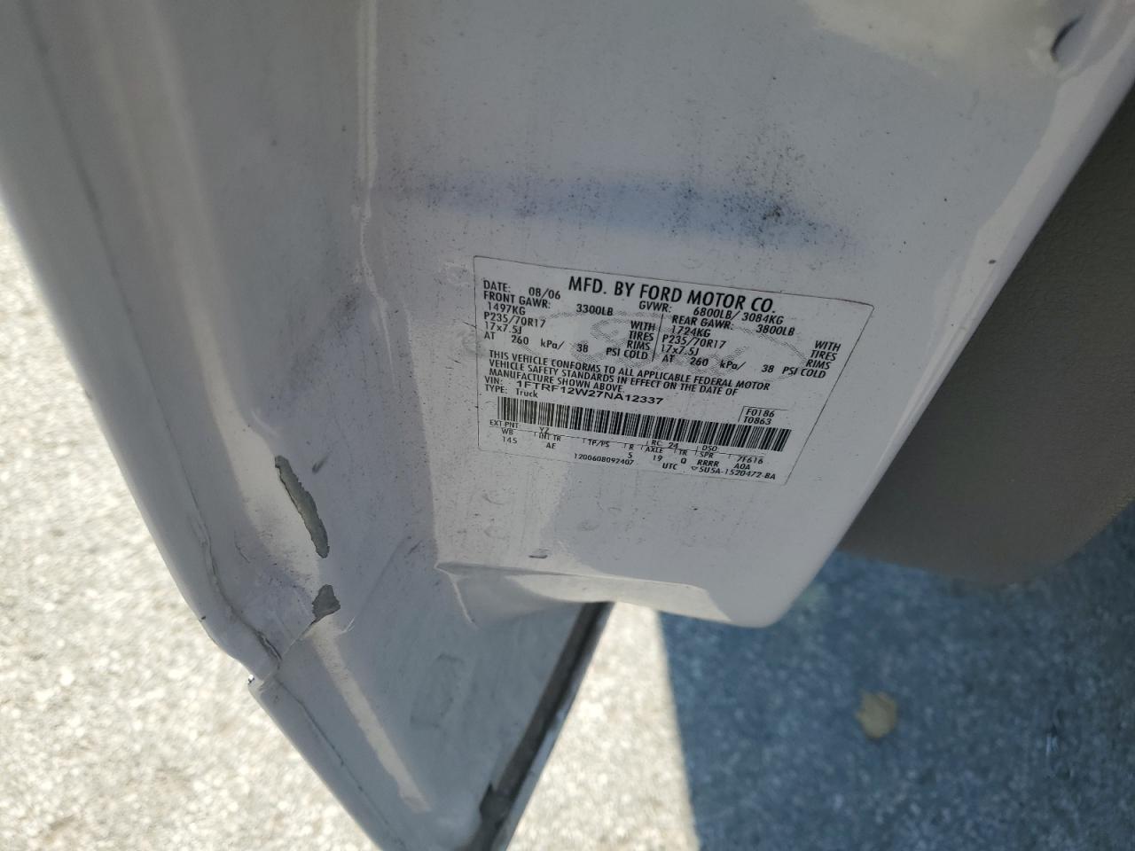 2007 Ford F150 VIN: 1FTRF12W27NA12337 Lot: 61570825