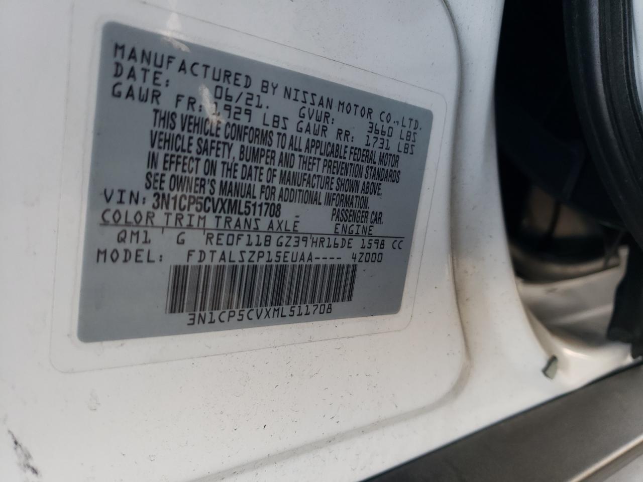 2021 Nissan Kicks Sv VIN: 3N1CP5CVXML511708 Lot: 62300105