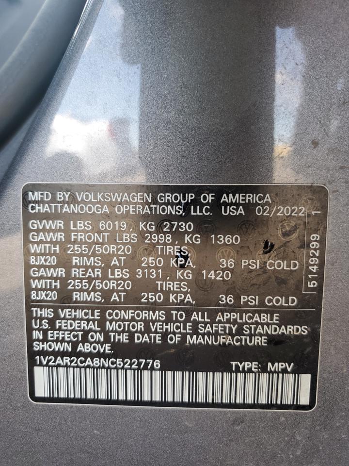 2022 Volkswagen Atlas Sel R-Line VIN: 1V2AR2CA8NC522776 Lot: 62587595