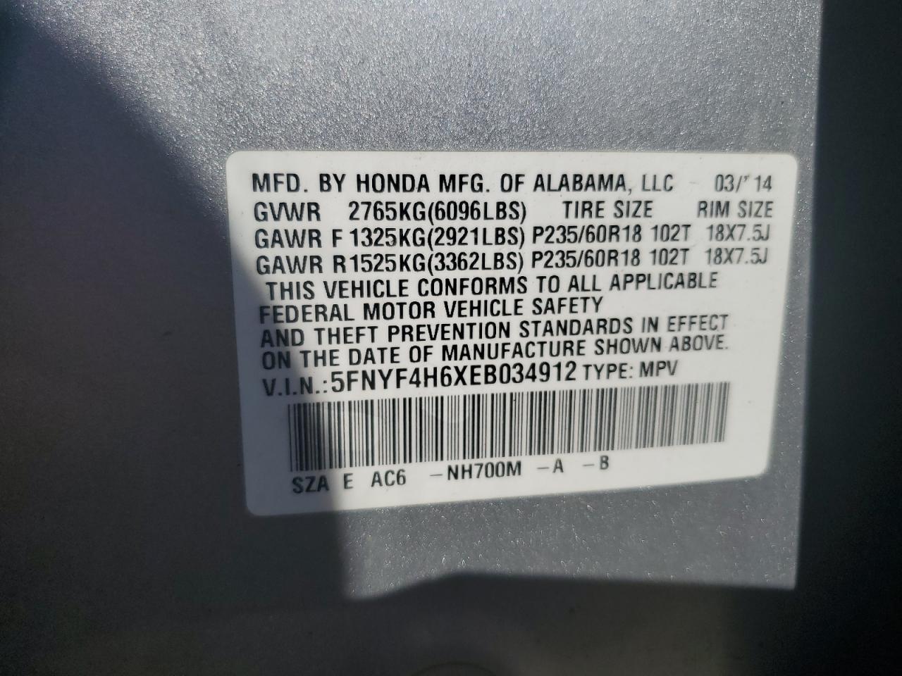 2014 Honda Pilot Exl VIN: 5FNYF4H6XEB034912 Lot: 62274135