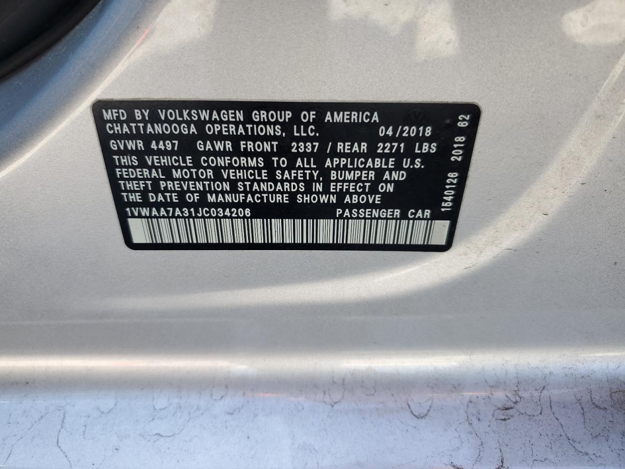 VOLKSWAGEN PASSAT 2018 VIN 1VWAA7A31JC034206 zdjęcie 12