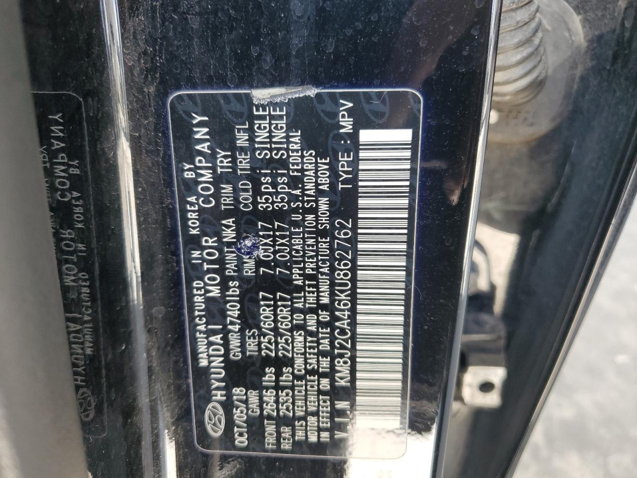 2019 Hyundai Tucson Se VIN: KM8J2CA46KU862762 Lot: 62954465