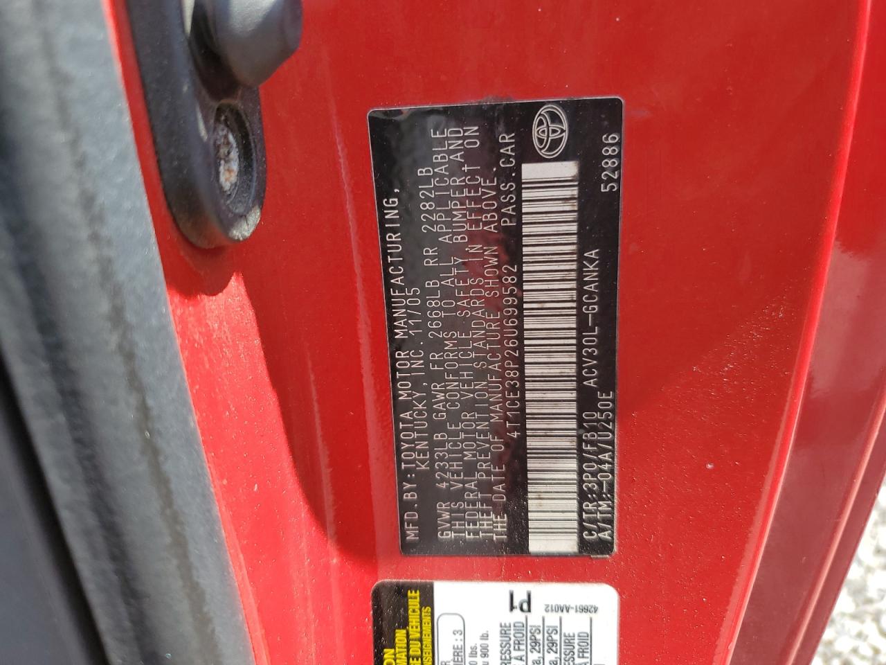 2006 Toyota Camry Solara Se VIN: 4T1CE38P26U699582 Lot: 62129535