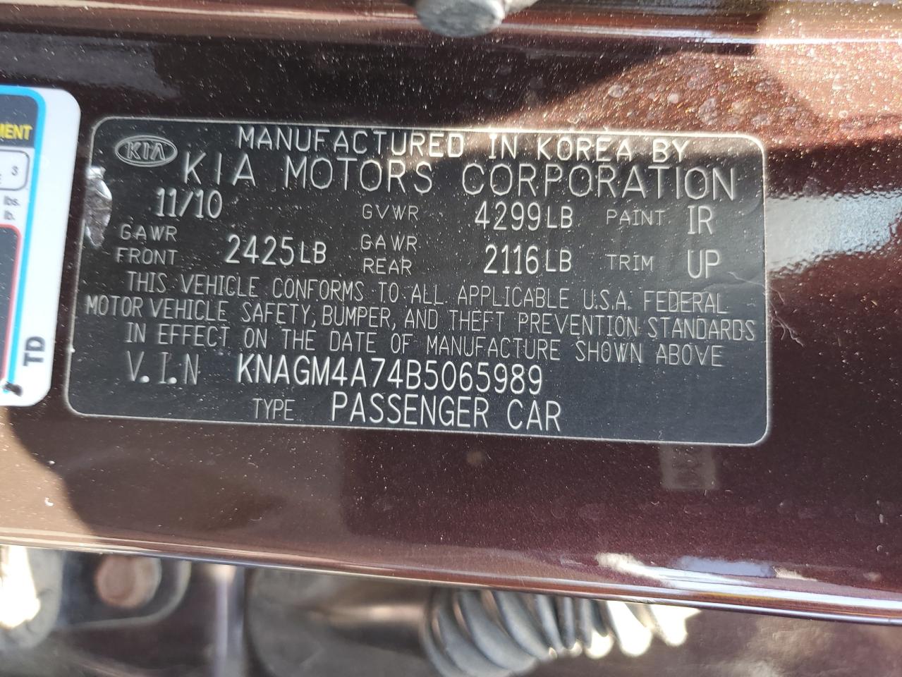 2011 Kia Optima Lx VIN: KNAGM4A74B5065989 Lot: 62373015