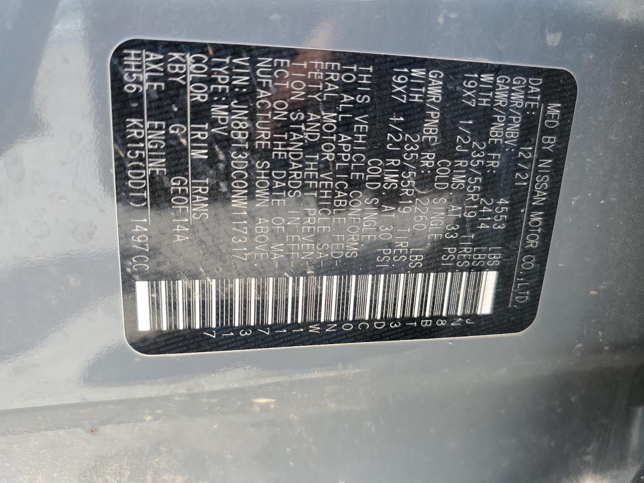 2022 Nissan Rogue Platinum VIN: JN8BT3DC0NW117317 Lot: 59268245