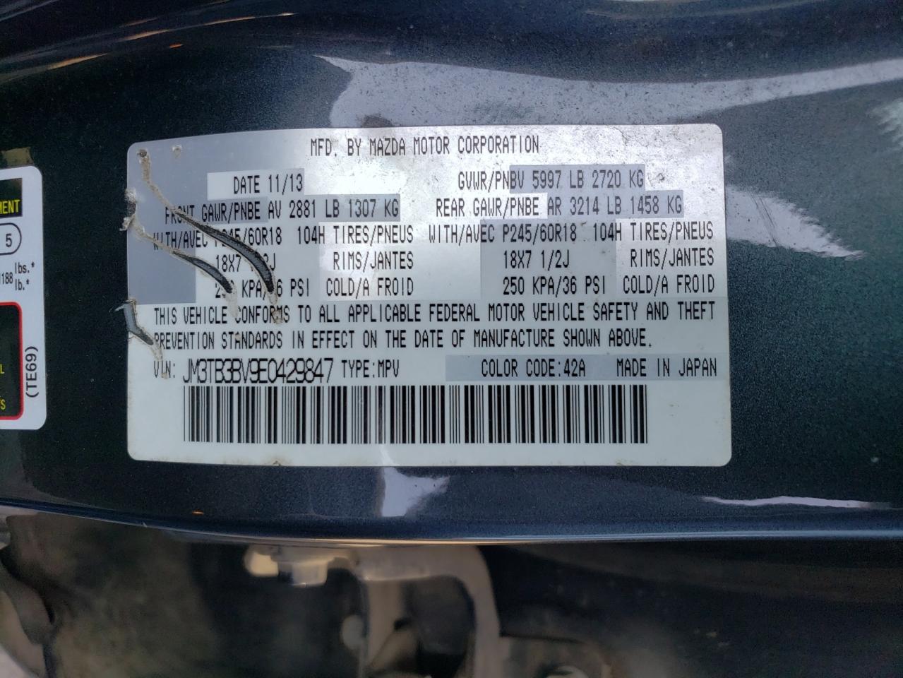 2014 Mazda Cx-9 Sport VIN: JM3TB3BV9E0429847 Lot: 62231255