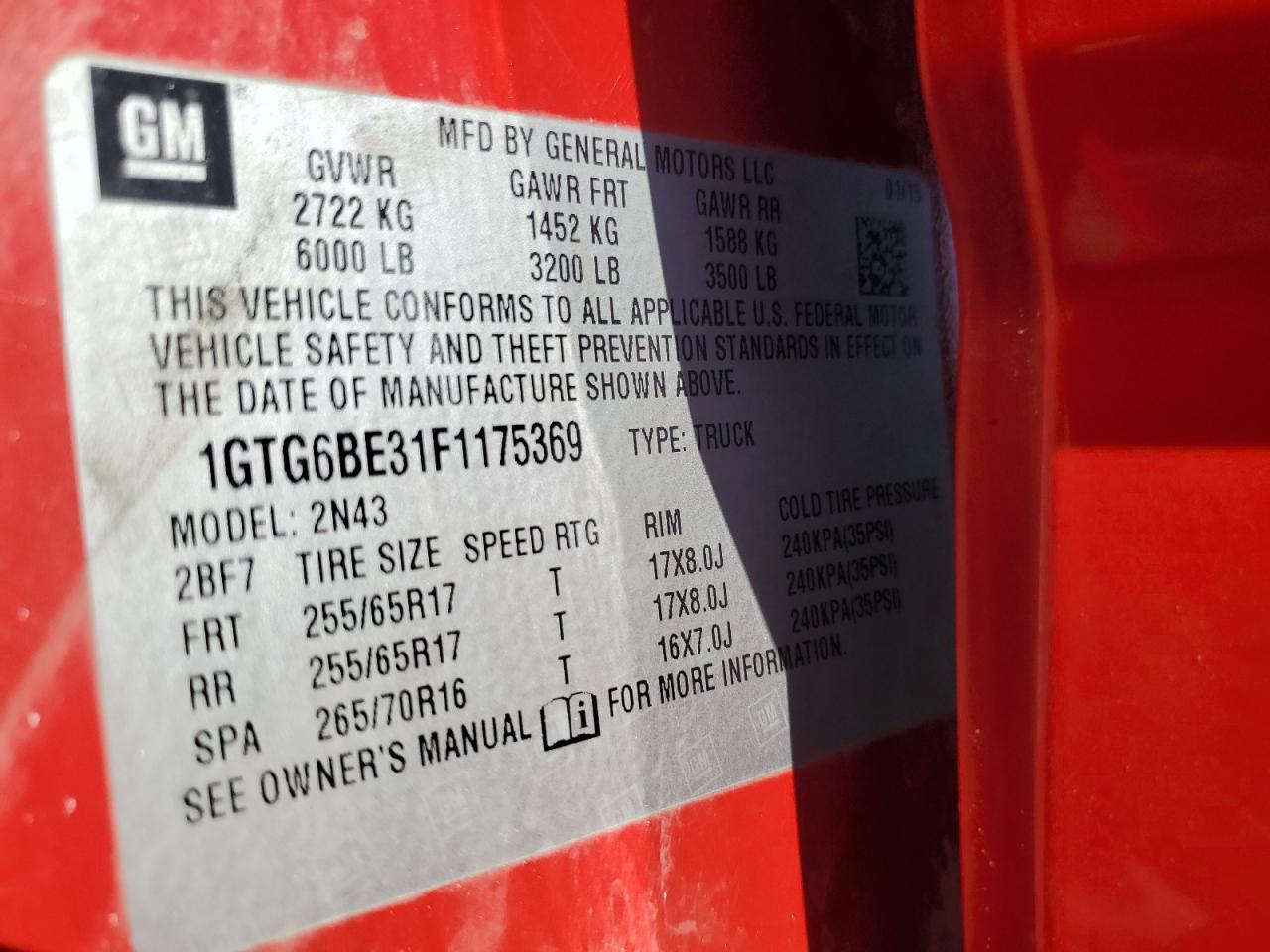2015 GMC Canyon Sle VIN: 1GTG6BE31F1175369 Lot: 62027875