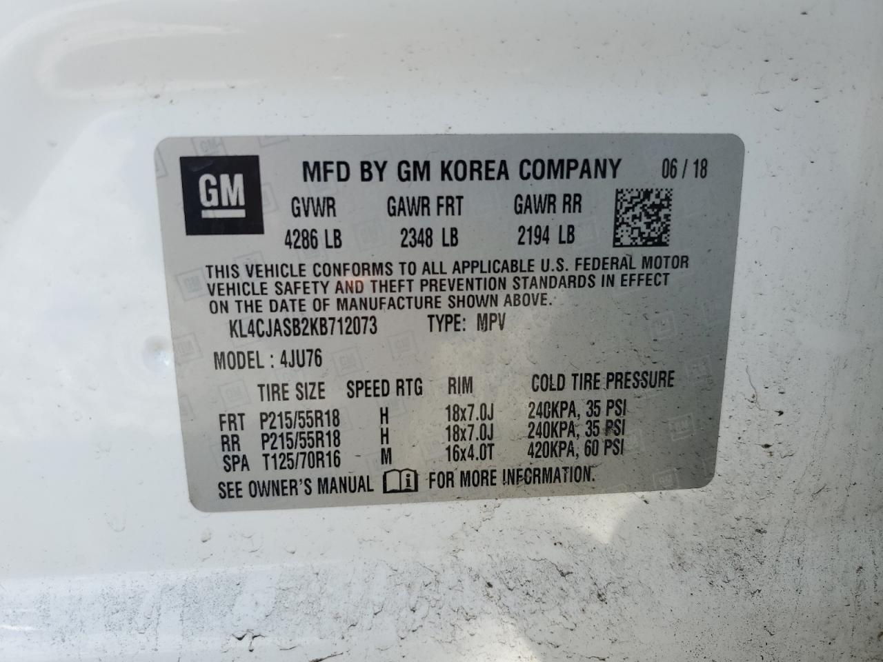 2019 Buick Encore Preferred VIN: KL4CJASB2KB712073 Lot: 62489665