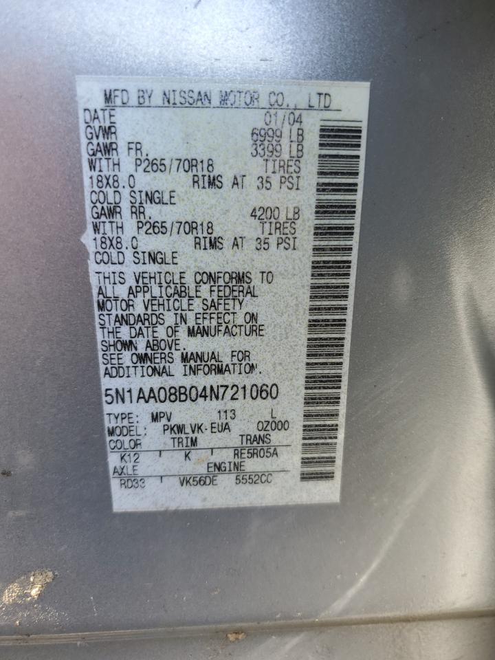 2004 Nissan Armada Se VIN: 5N1AA08B04N721060 Lot: 61192325