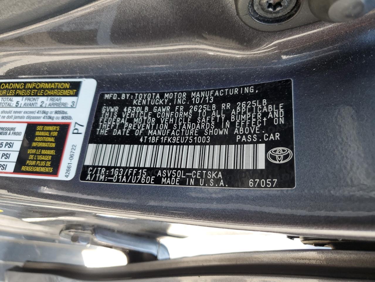 2014 Toyota Camry L VIN: 4T1BF1FK9EU751003 Lot: 60428785