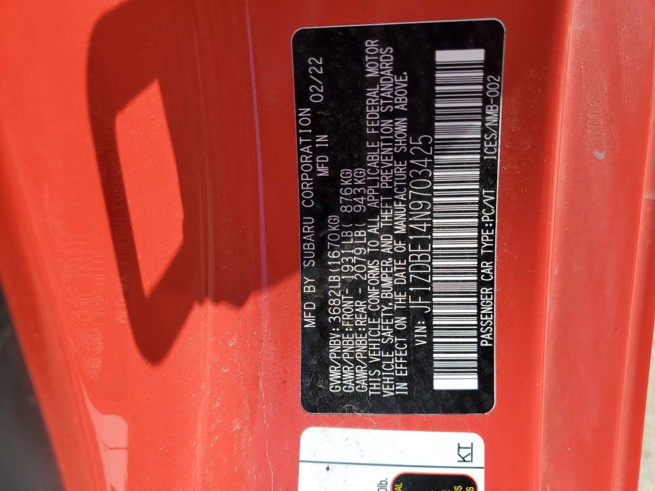 2022 Subaru Brz Limited VIN: JF1ZDBE14N9703425 Lot: 59439495