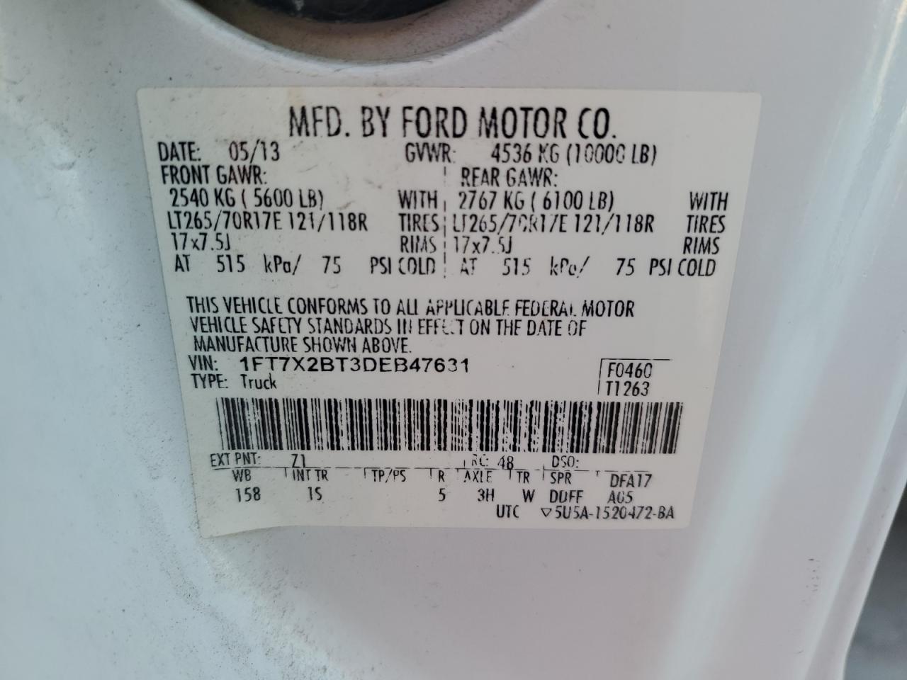 2013 Ford F250 Super Duty VIN: 1FT7X2BT3DEB47631 Lot: 61944115