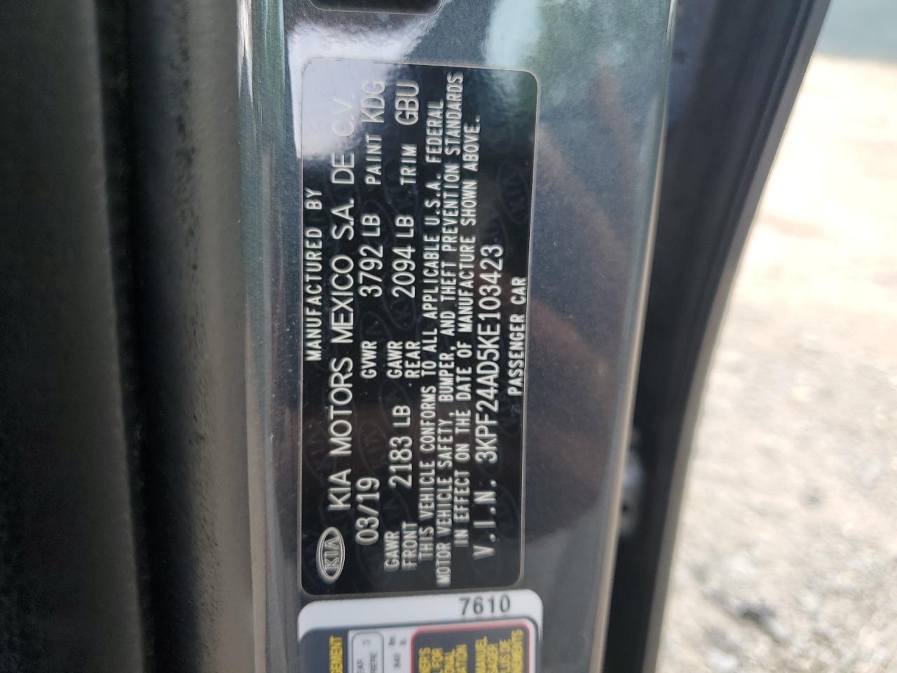 2019 Kia Forte Fe VIN: 3KPF24AD5KE103423 Lot: 63094045