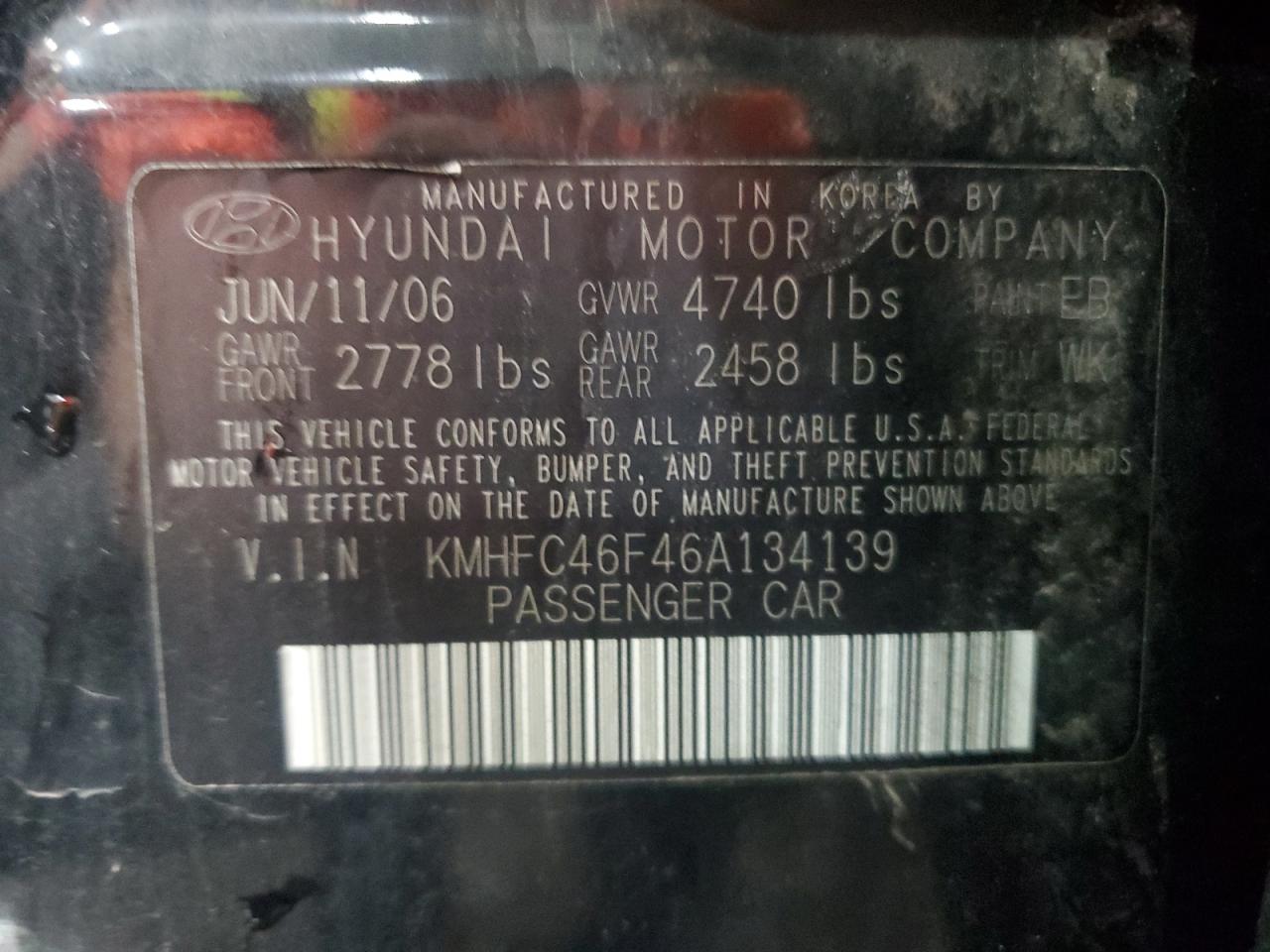 2006 Hyundai Azera Se VIN: KMHFC46F46A134139 Lot: 61850305