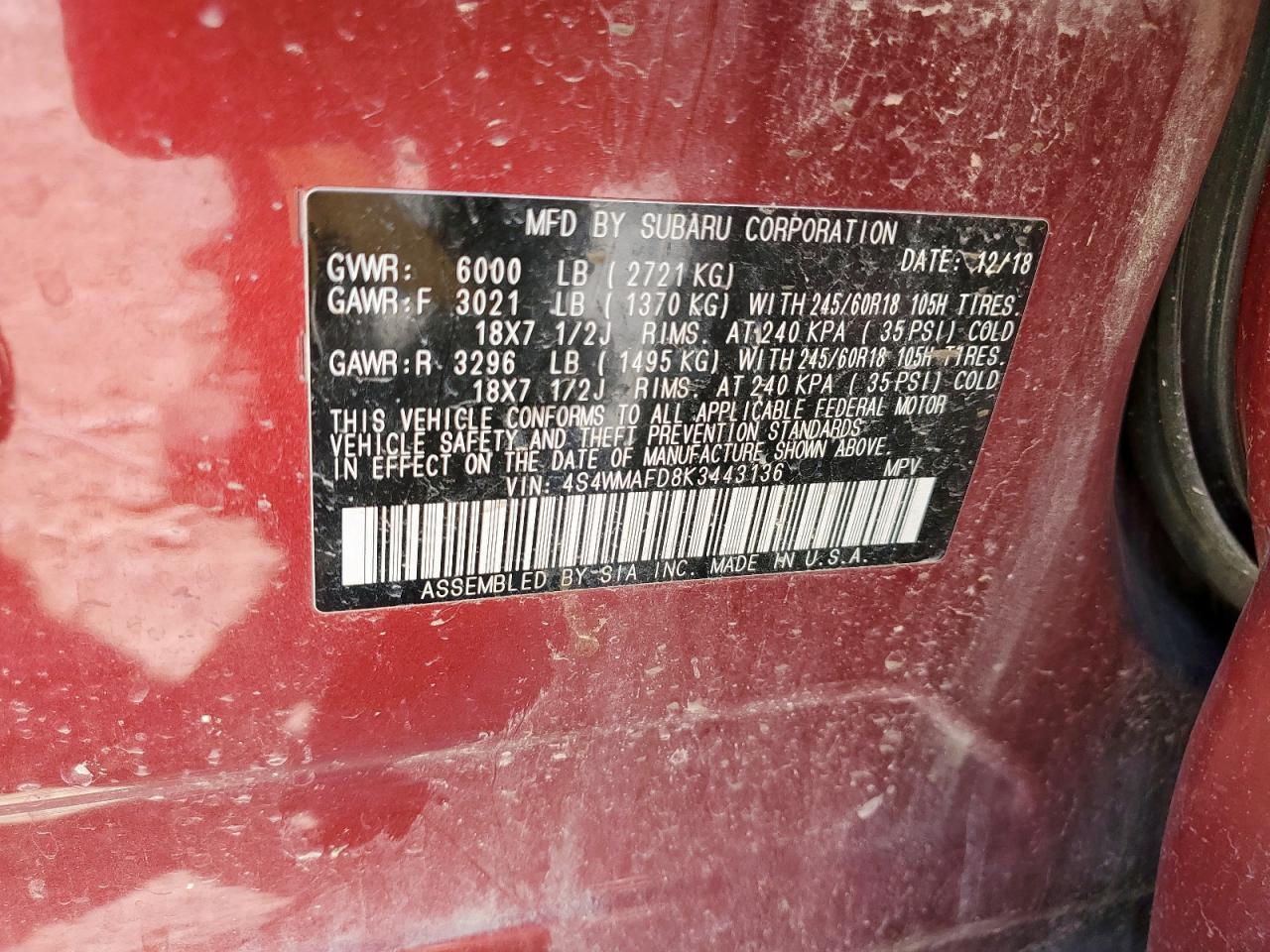 2019 Subaru Ascent Premium VIN: 4S4WMAFD8K3443136 Lot: 62592515