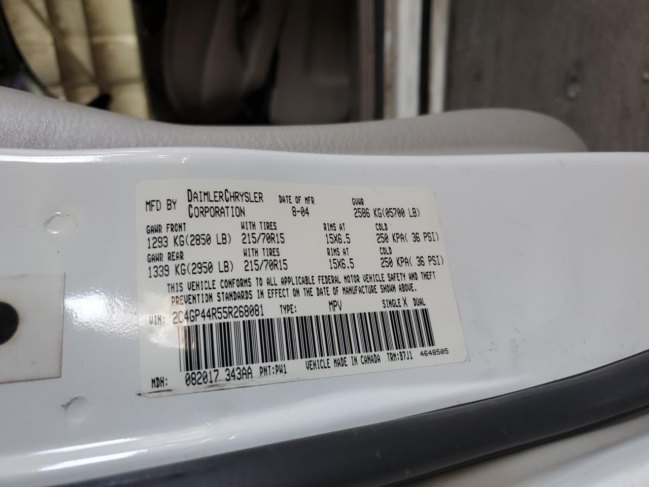 2005 Chrysler Town & Country Lx VIN: 2C4GP44R55R268081 Lot: 61159725