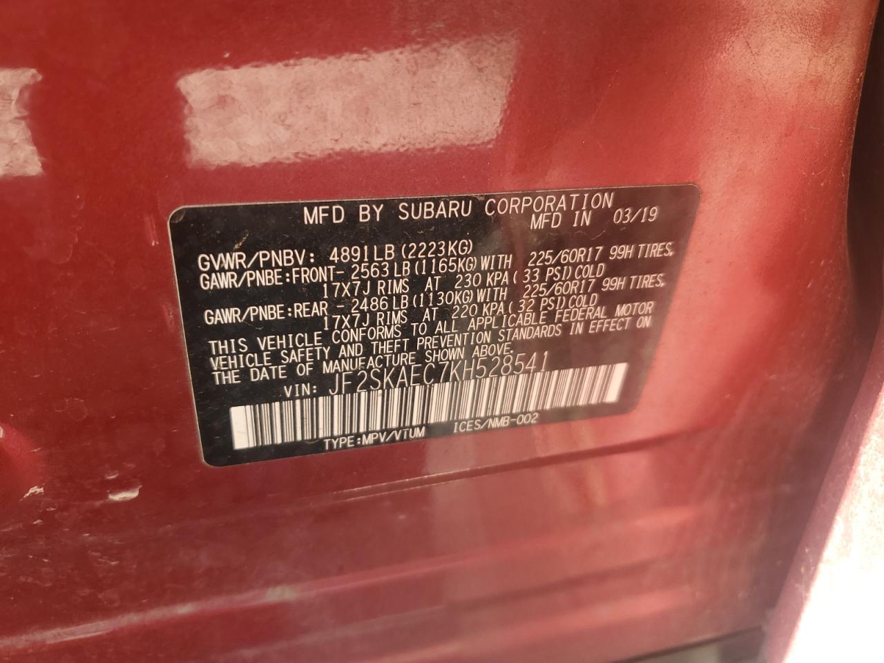 2019 Subaru Forester Premium VIN: JF2SKAEC7KH528541 Lot: 62167955