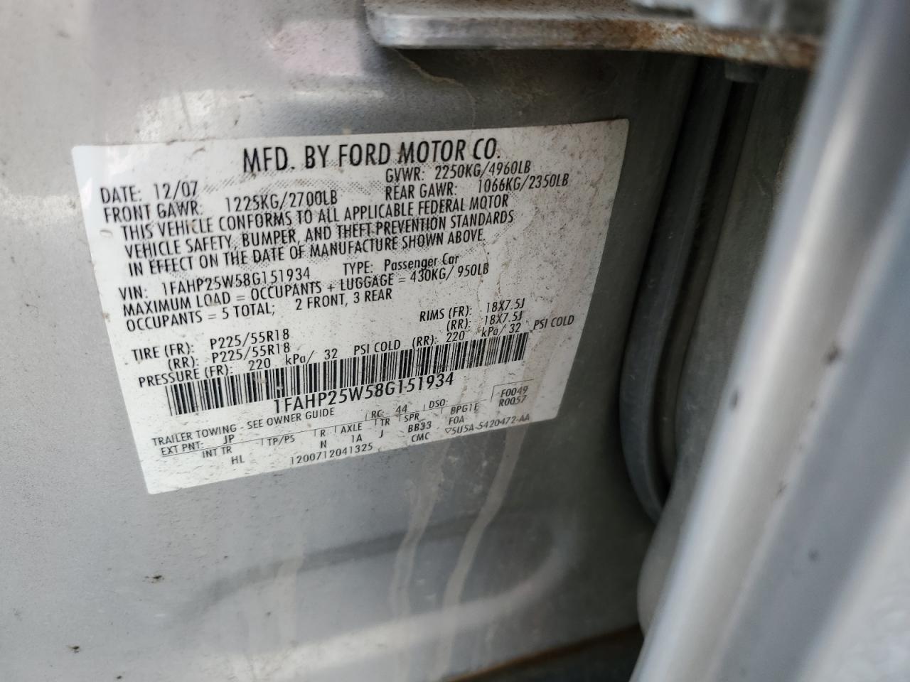 2008 Ford Taurus Limited VIN: 1FAHP25W58G151934 Lot: 60219925