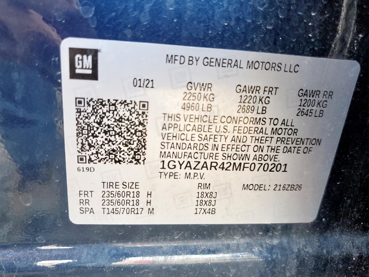 2021 Cadillac Xt4 Luxury VIN: 1GYAZAR42MF070201 Lot: 60850885
