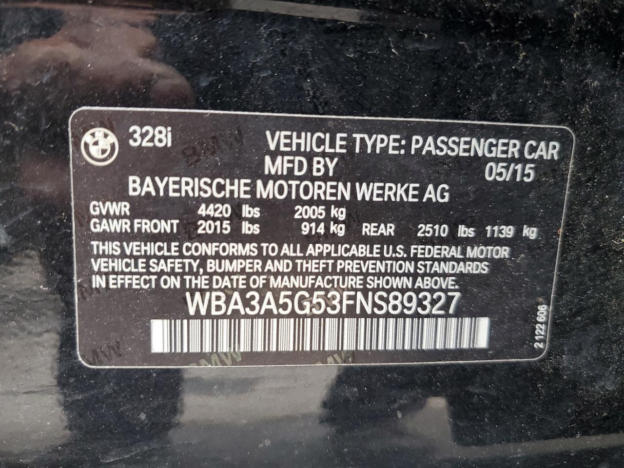 2015 BMW 328 I VIN: WBA3A5G53FNS89327 Lot: 59706215