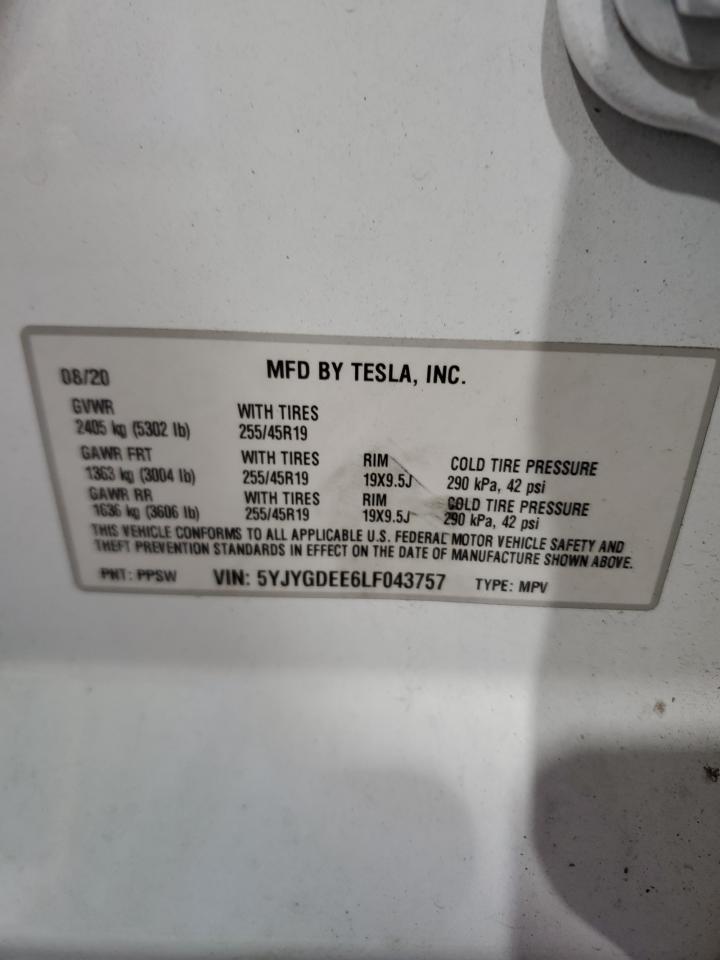 2020 Tesla Model Y VIN: 5YJYGDEE6LF043757 Lot: 62550405