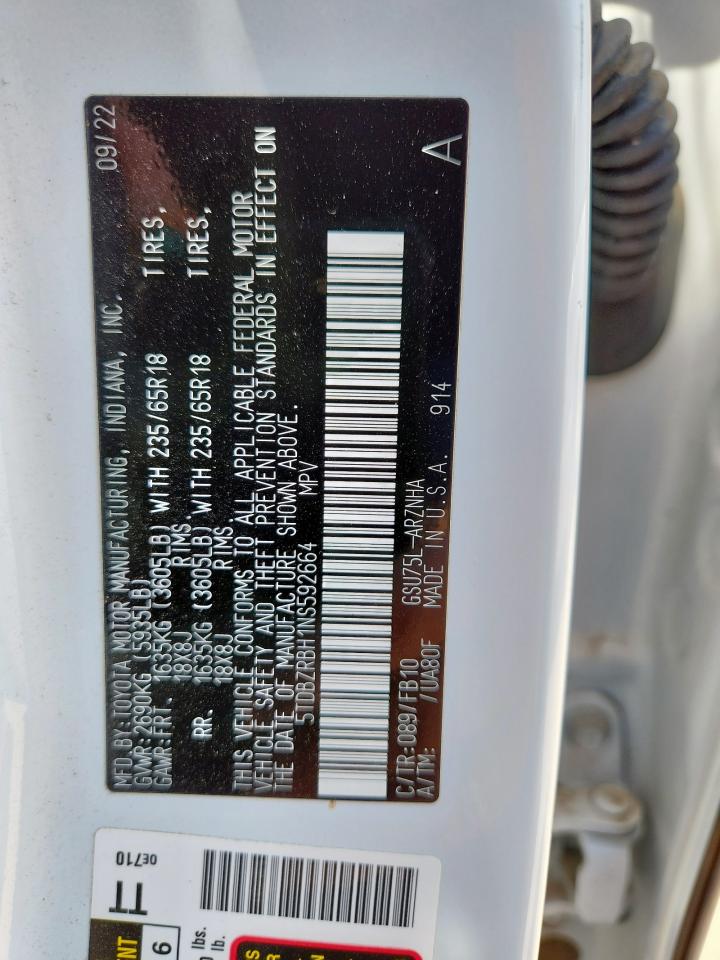 2022 Toyota Highlander L VIN: 5TDBZRBH1NS592664 Lot: 60937625