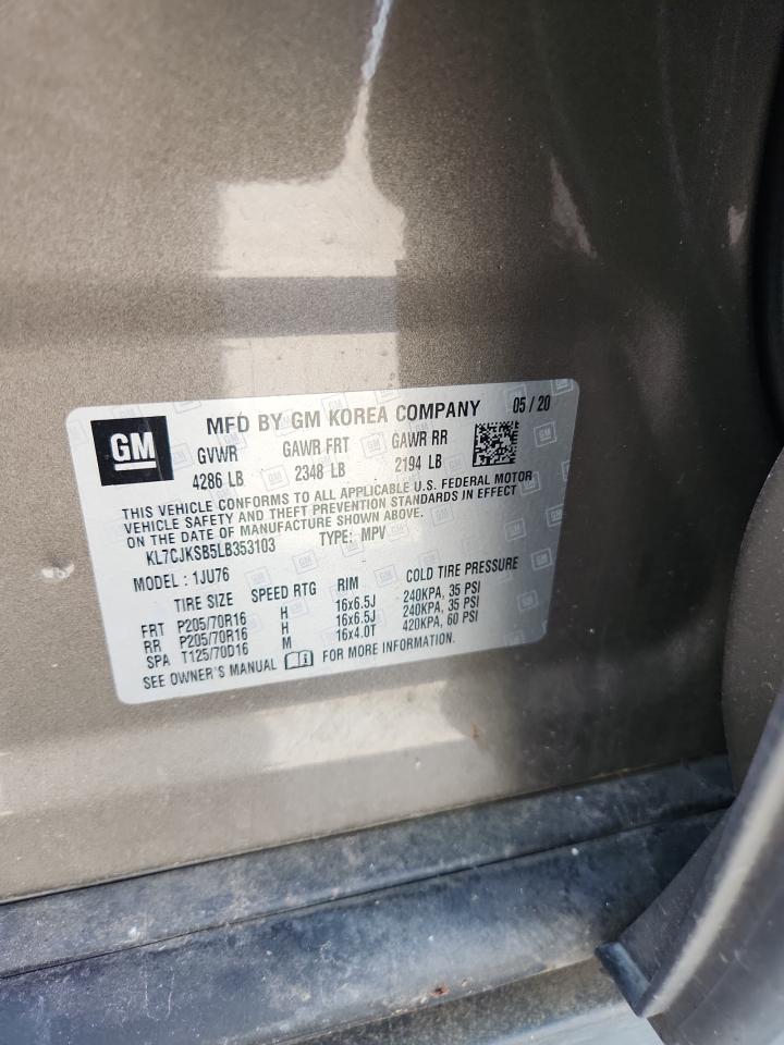 2020 Chevrolet Trax Ls VIN: KL7CJKSB5LB353103 Lot: 62778665