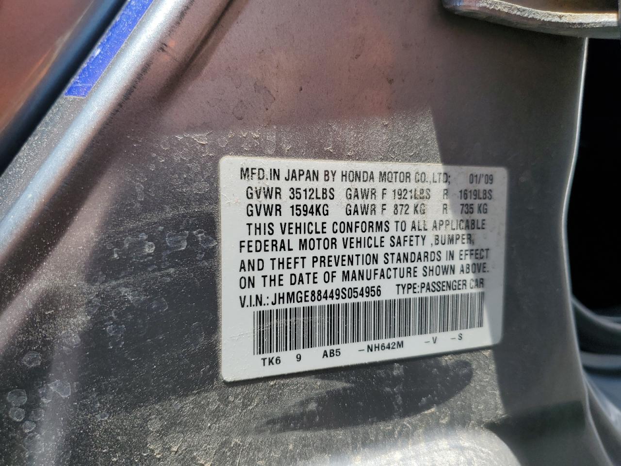 2009 Honda Fit Sport VIN: JHMGE88449S054956 Lot: 62528495