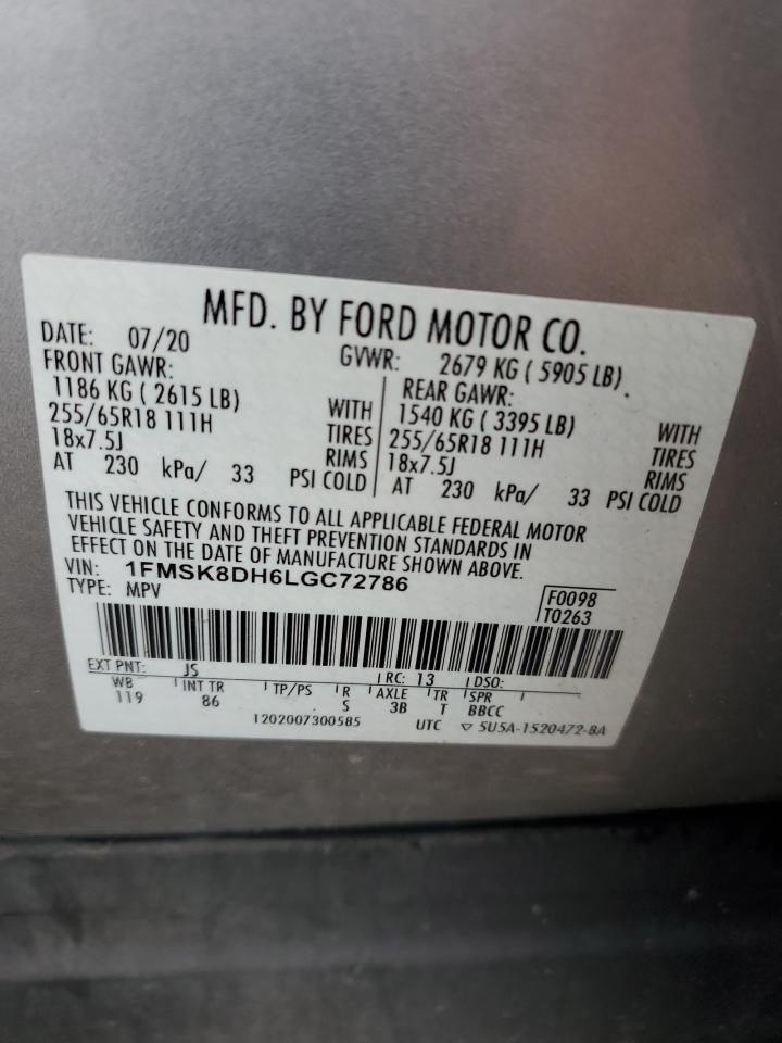 VIN: 1FMSK8DH6LGC72786 2020 FORD EXPLORER