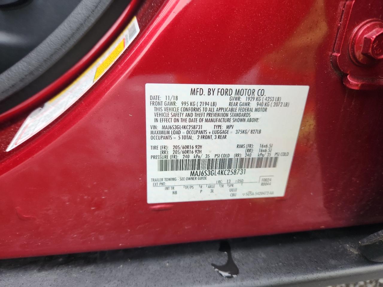 2019 Ford Ecosport Se VIN: MAJ6S3GL4KC258731 Lot: 59755575