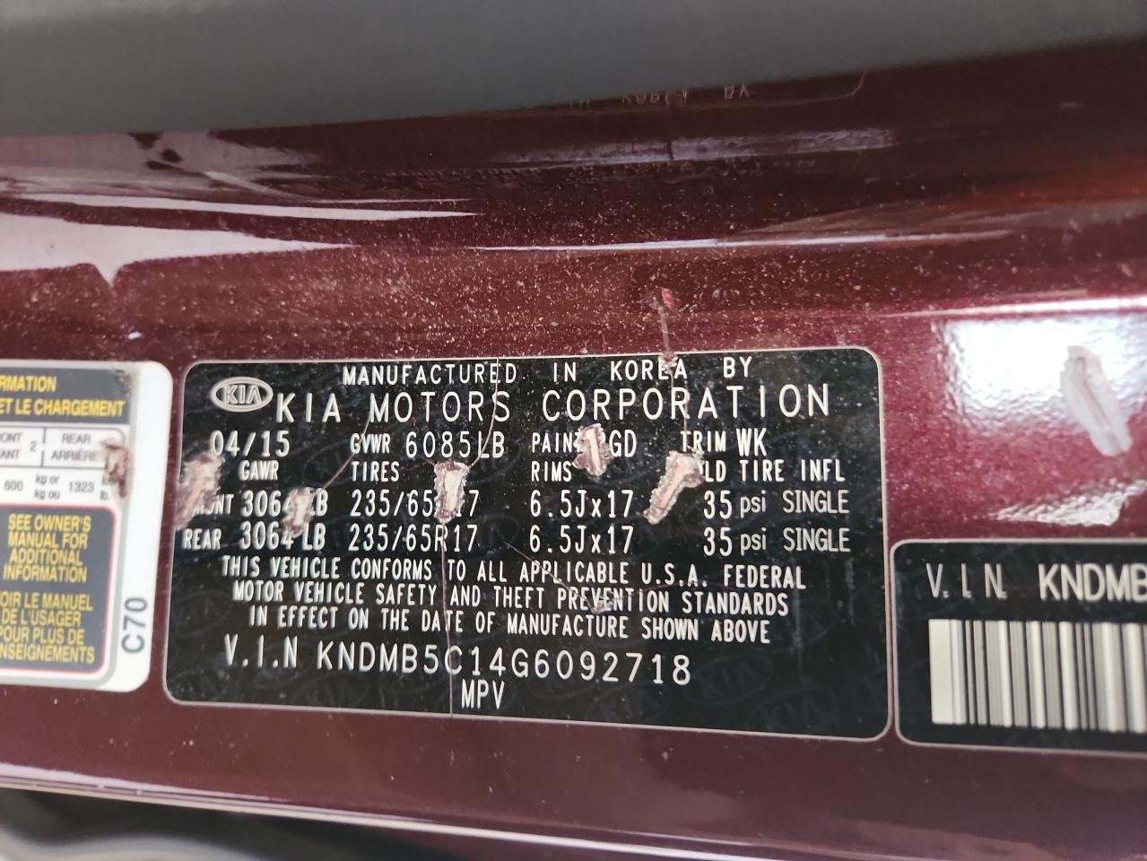 2016 Kia Sedona Lx VIN: KNDMB5C14G6092718 Lot: 61145375
