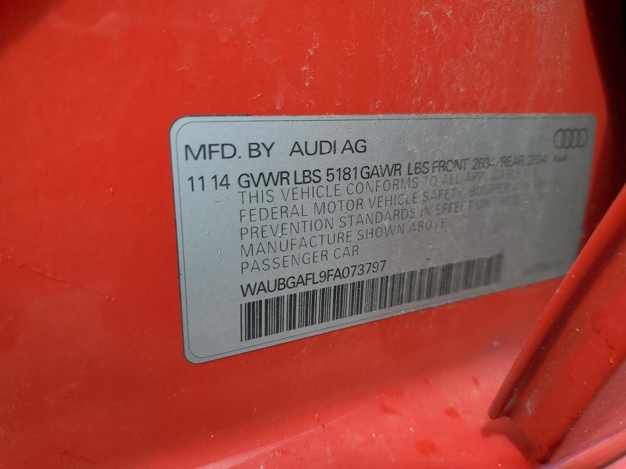 2015 Audi S4 Premium Plus VIN: WAUBGAFL9FA073797 Lot: 62284505
