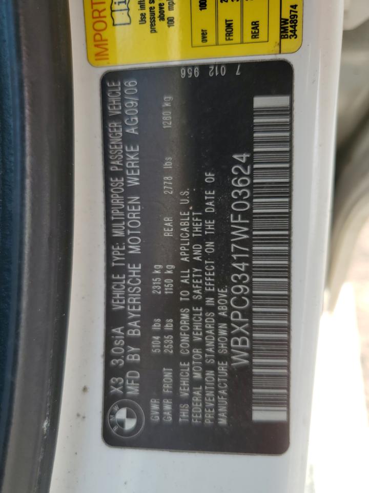 2007 BMW X3 3.0Si VIN: WBXPC93417WF03624 Lot: 80260125