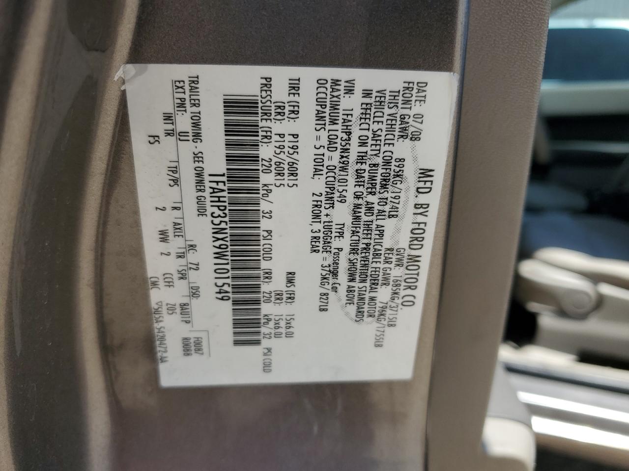 2009 Ford Focus Se VIN: 1FAHP35NX9W101549 Lot: 61846935
