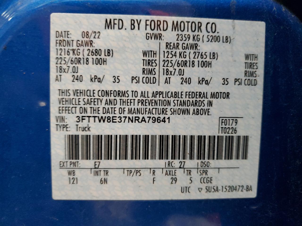 2022 Ford Maverick Xl VIN: 3FTTW8E37NRA79641 Lot: 62622995