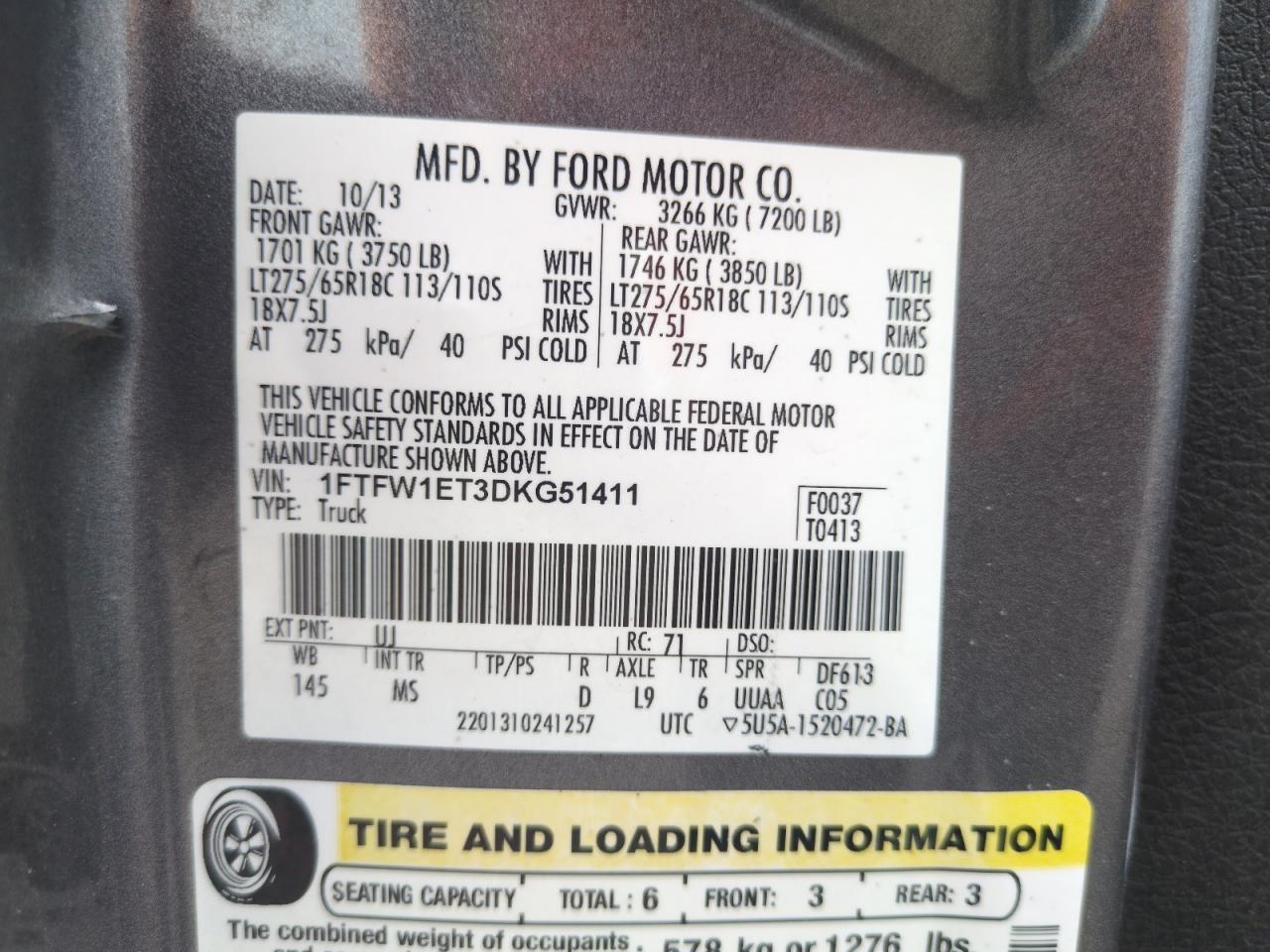 2013 Ford F150 Supercrew VIN: 1FTFW1ET3DKG51411 Lot: 59012185