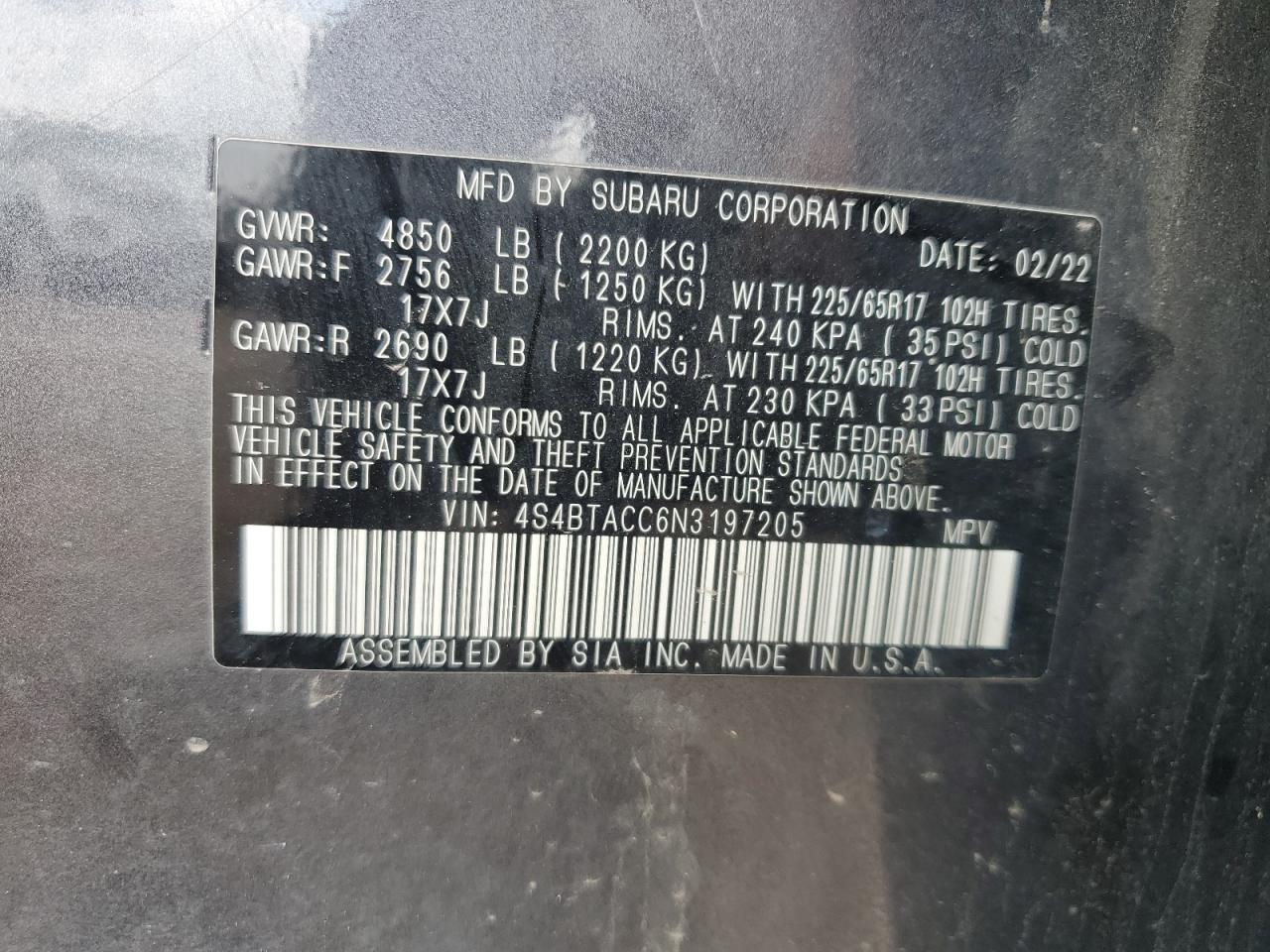2022 Subaru Outback Premium VIN: 4S4BTACC6N3197205 Lot: 61657005