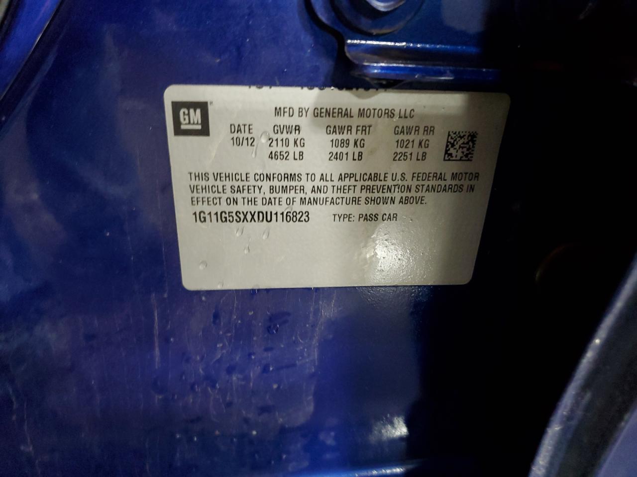 2013 Chevrolet Malibu 3Lt VIN: 1G11G5SXXDU116823 Lot: 60684665