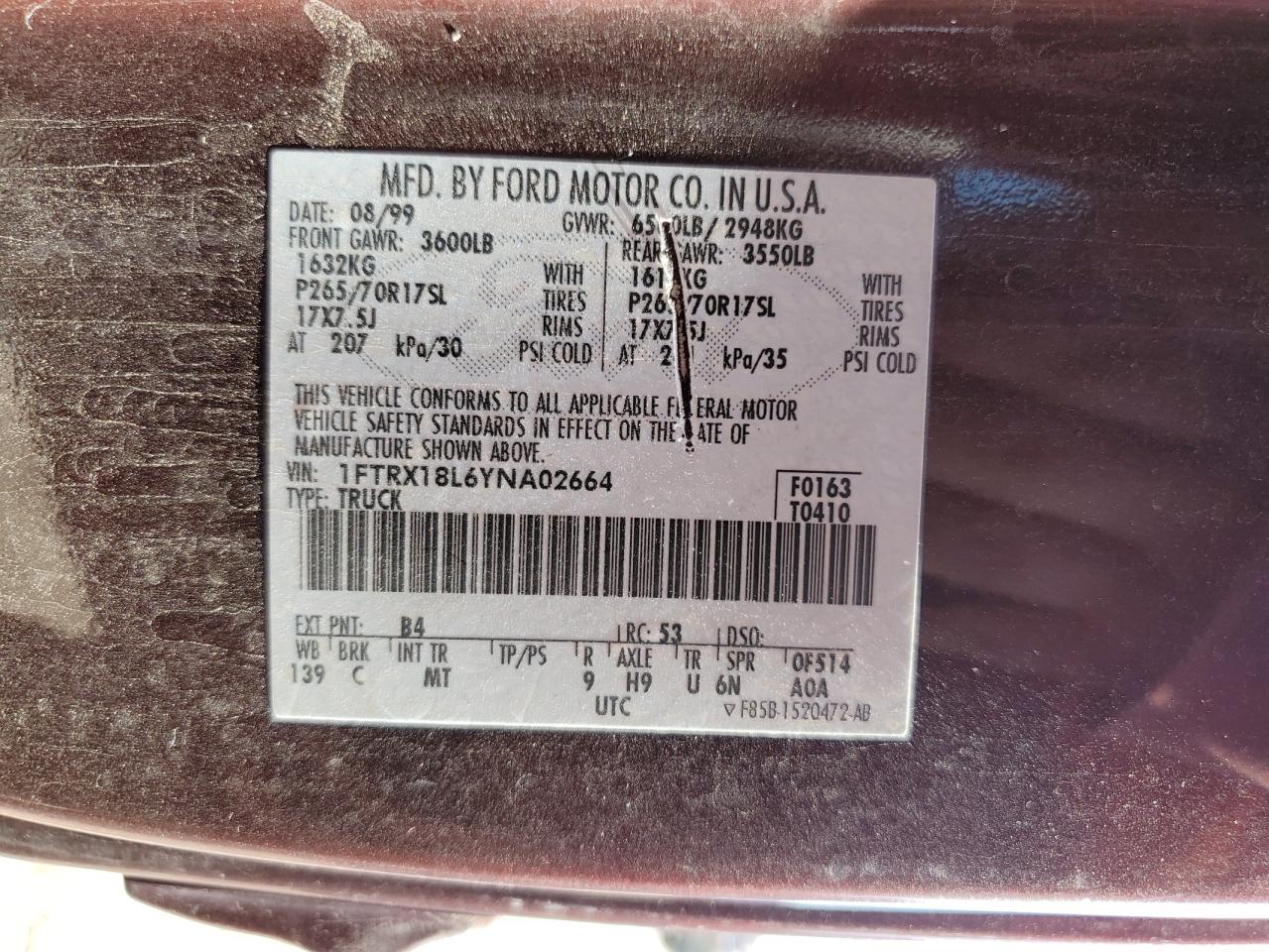 2000 Ford F150 VIN: 1FTRX18L6YNA02664 Lot: 61804545