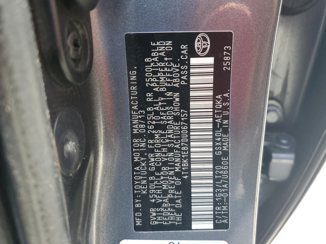 2013 Toyota Avalon Base VIN: 4T1BK1EB7DU067157 Lot: 62572415